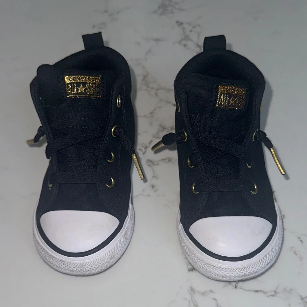 Converse Kids Black Canvas Sneakers with White Toecap and Gold Accents